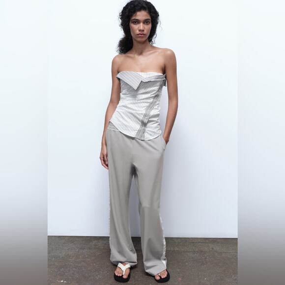 Zara Striped Strapless Fold over Top - Picture 4 of 12